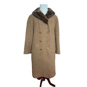 Vtg Union Women's Brown Double Breasted Long Wool Coat Fur Collar Size L-XL
